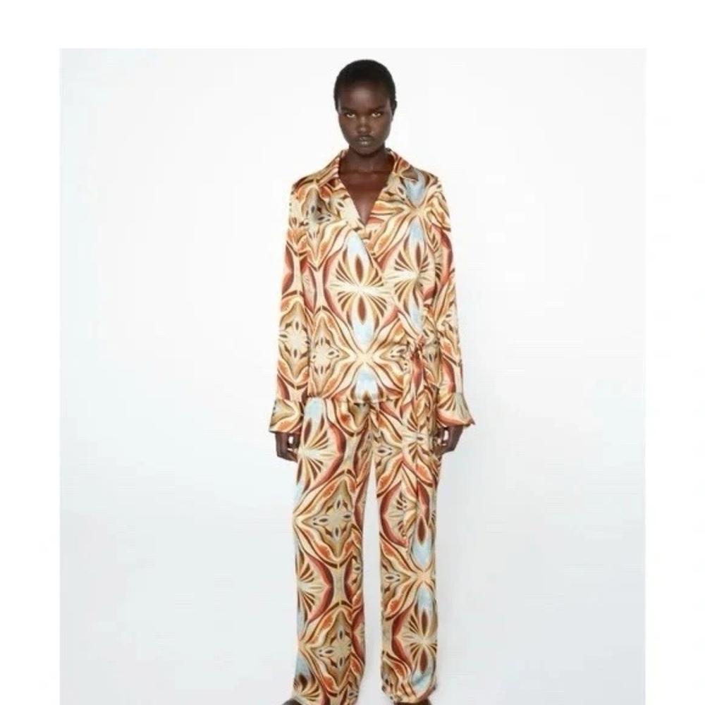 Zara Beige, Brown & Light Blue Printed Satin Wide-Leg Pants Set. Co-ord Set